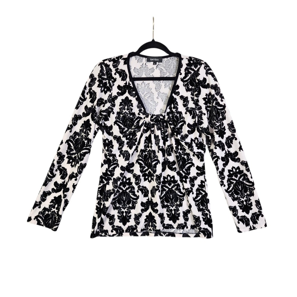 Karen Kane‎ Womens Damask Velvet Burnout Babydoll Top Size Large Black White